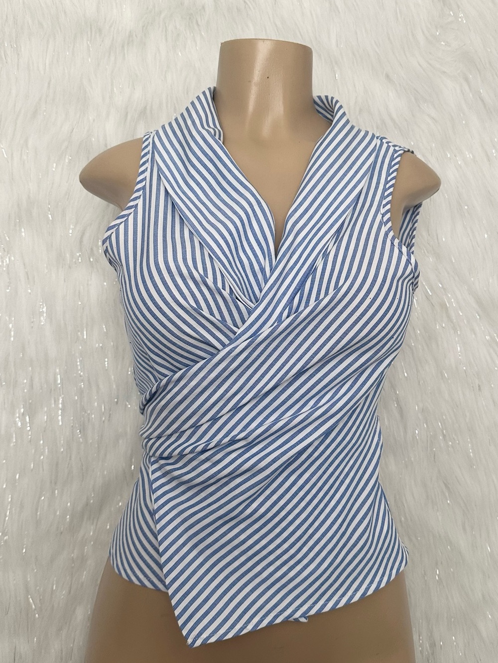 SHEIN Blue and White Striped Sleeveless Wrap Blouse